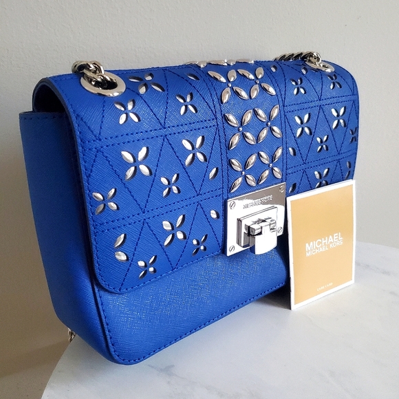 LIKE NEW* Michael Kors Tina Electric Blue ๐ Perforated Floral Shoulder Bag - Picture 1 of 12